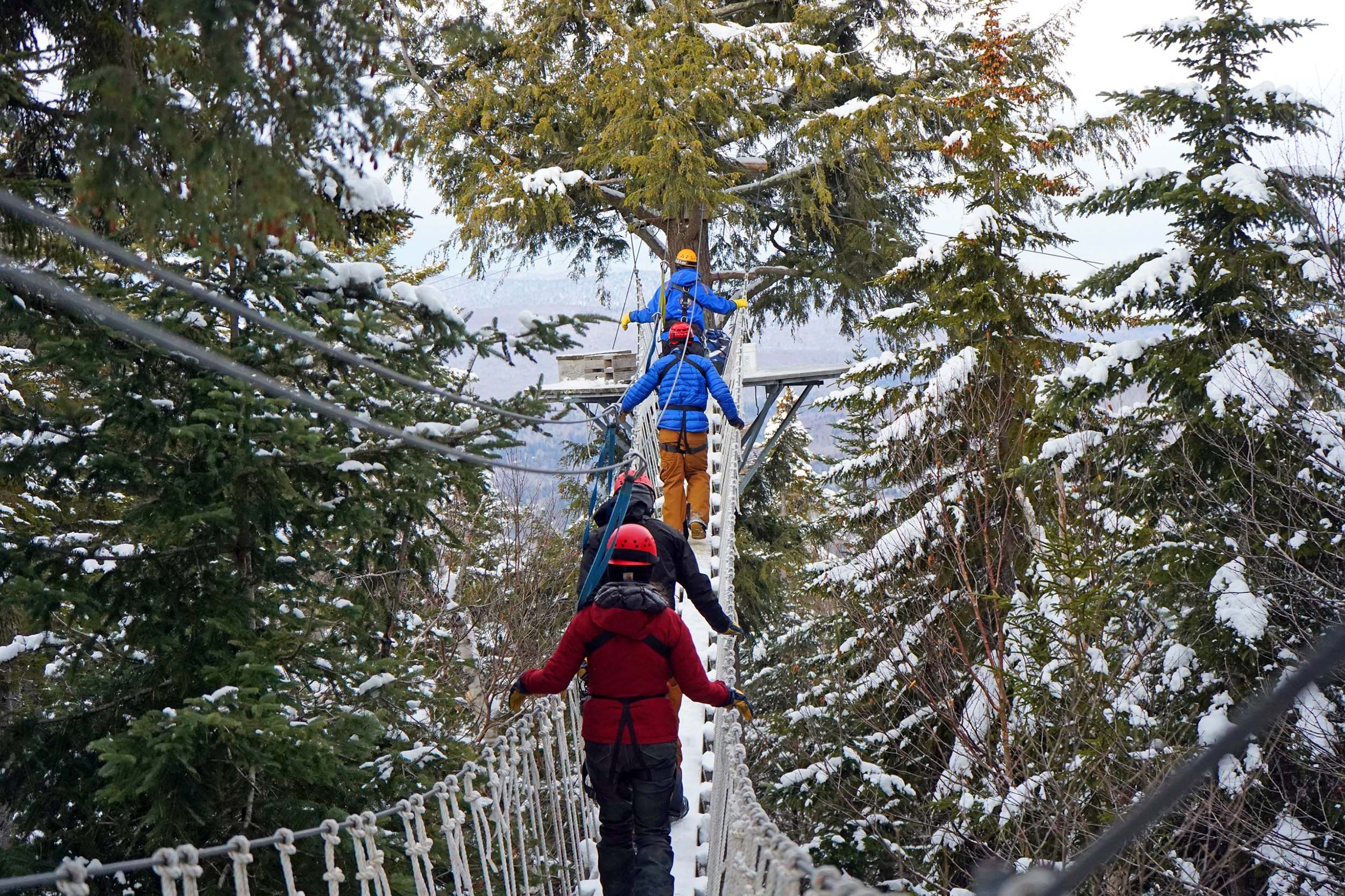 People wearing winter gear cross a snowy rope bridge high among evergreen trees during a canopy tour at Bretton Woods.