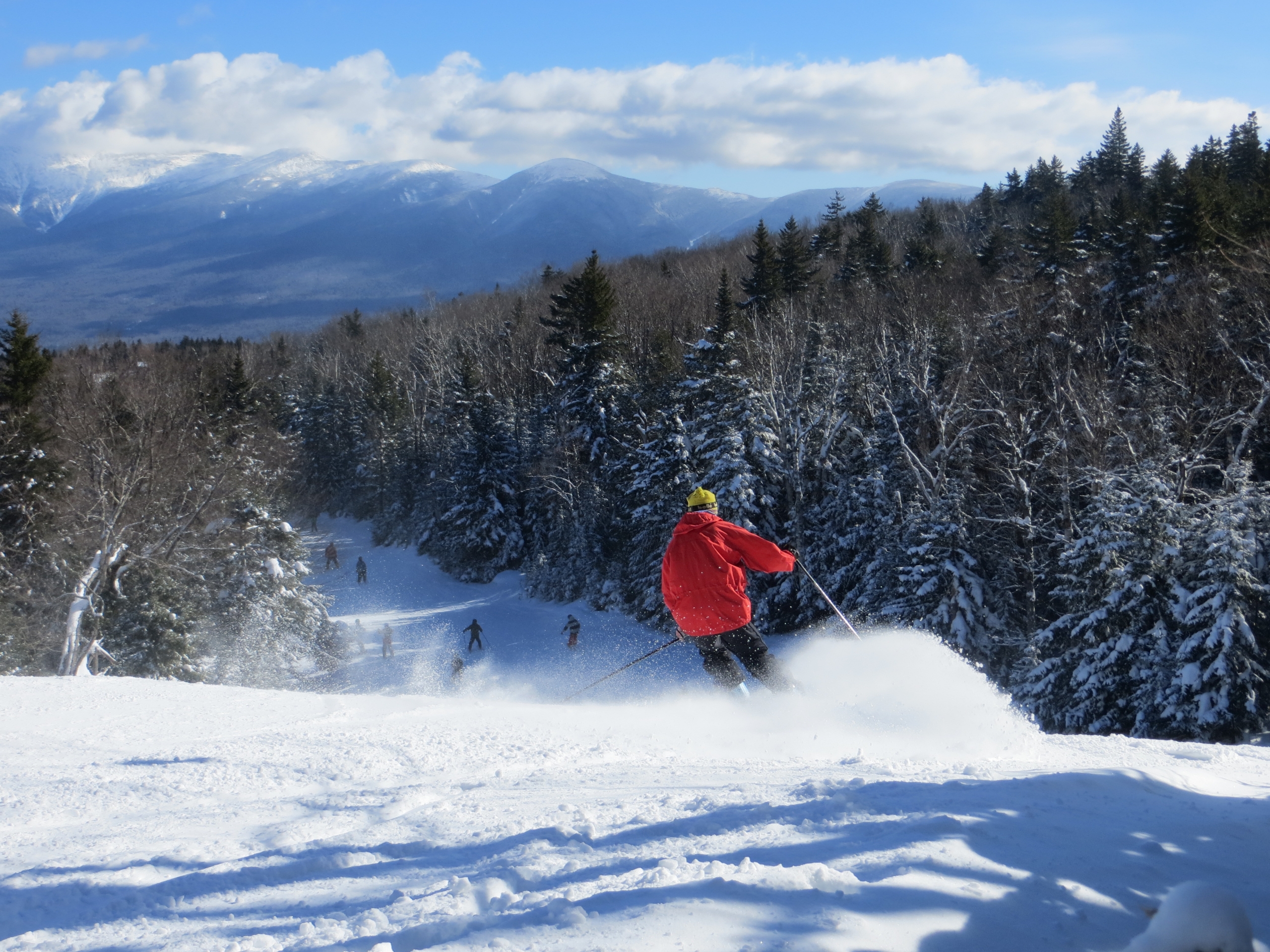 A skier carving down a run at Bretton Woods.