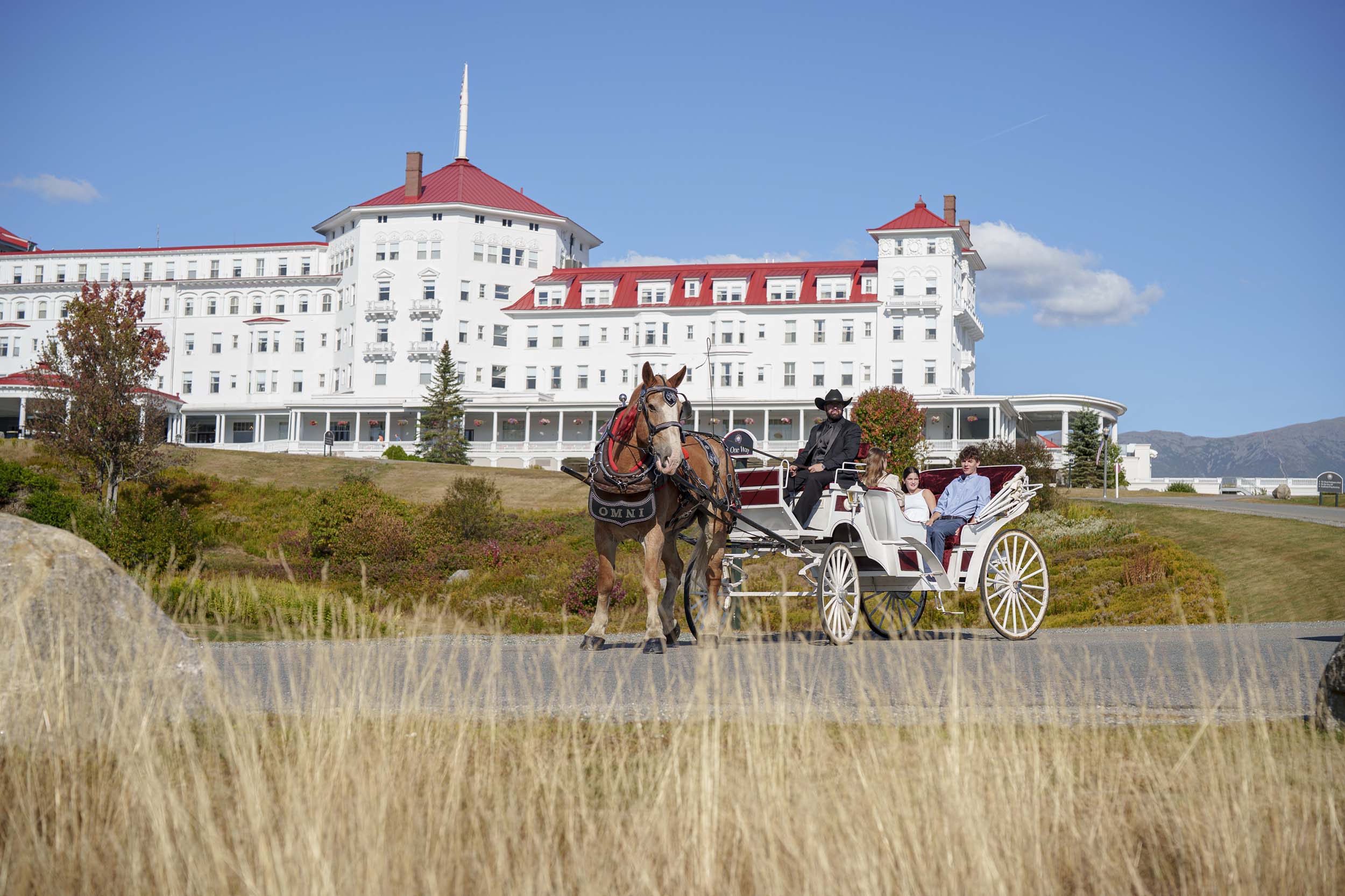 A horse pulls a carriage in front of Omni Mount Washington Resort and Spa with a family.