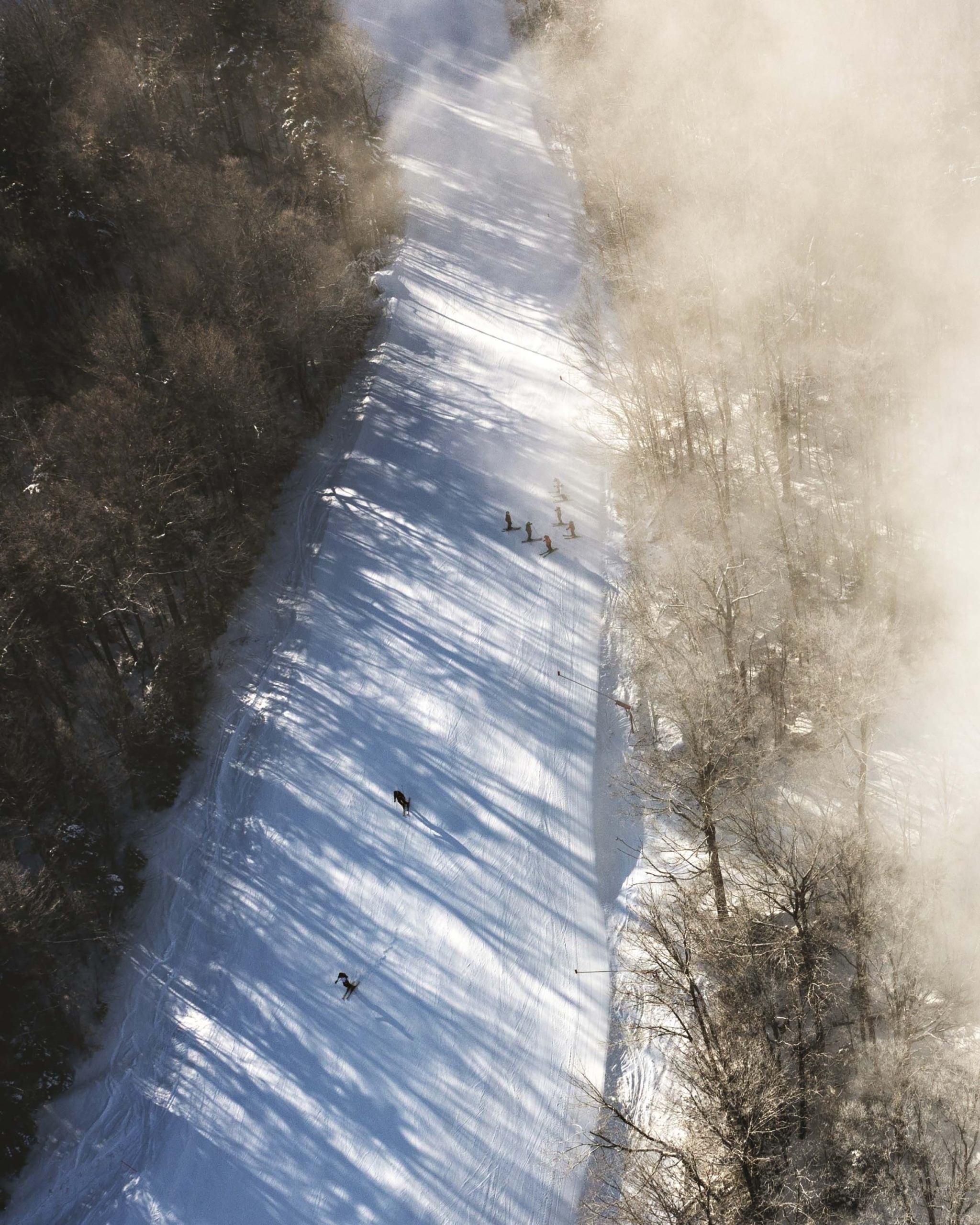 An aerial view of the ski slope in the mist at Bretton Woods.