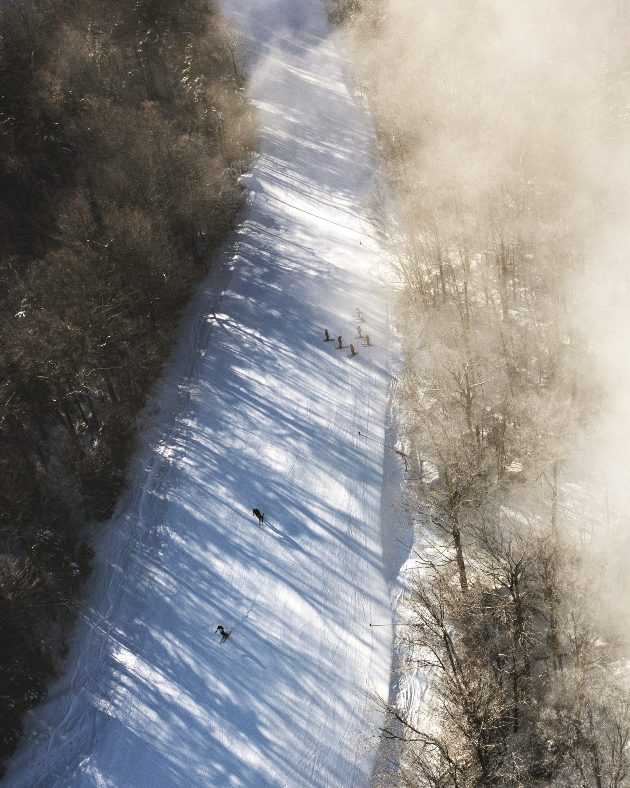 An aerial view of the ski slope in the mist at Bretton Woods.