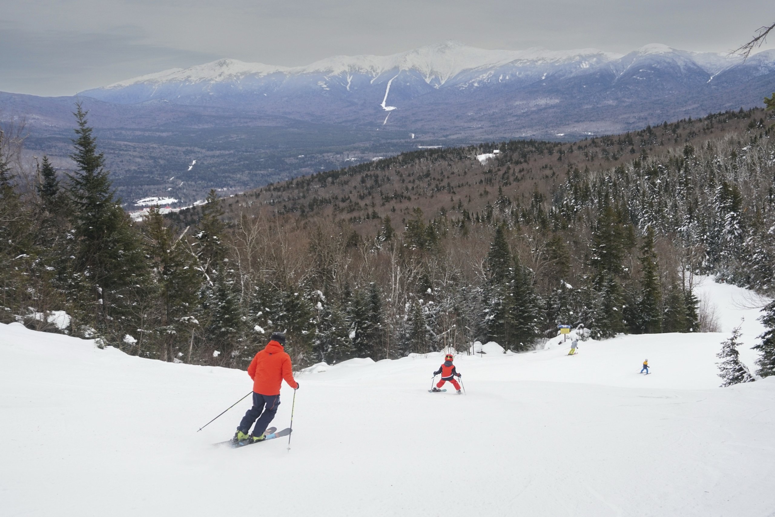 Two skiers glide down a snowy, tree-lined trail at Bretton Woods with snow-covered mountains in the distance.