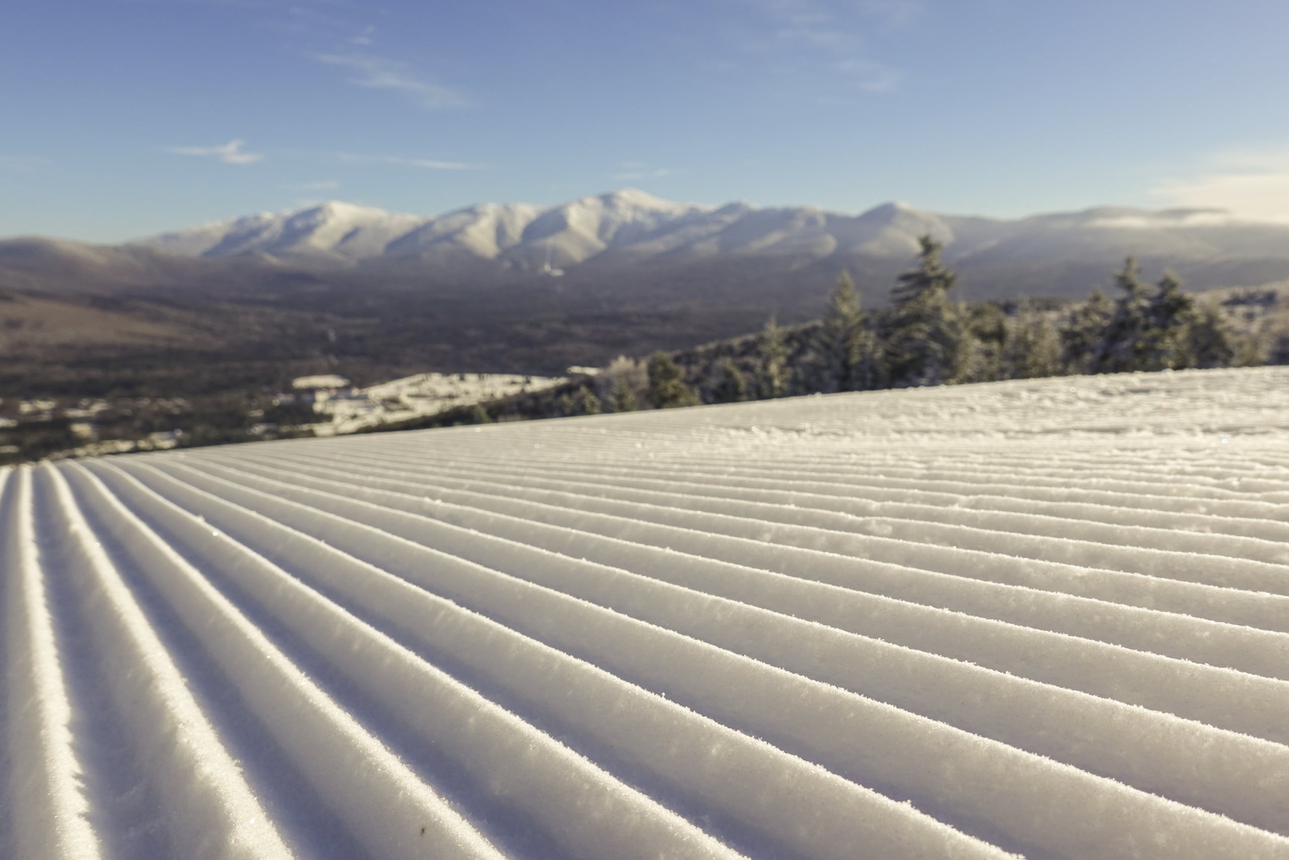 A close-up of groomed tracks on a ski slope at Bretton Woods.