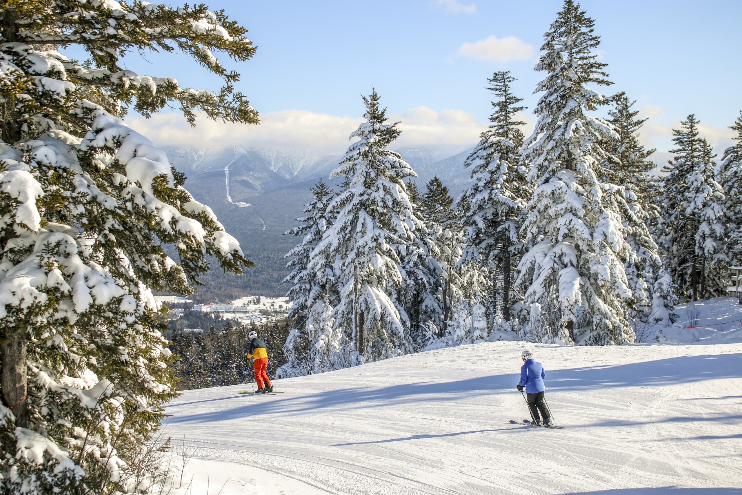 Two skiers glide down a snow-covered mountain trail surrounded by tall evergreen trees at Bretton Woods.