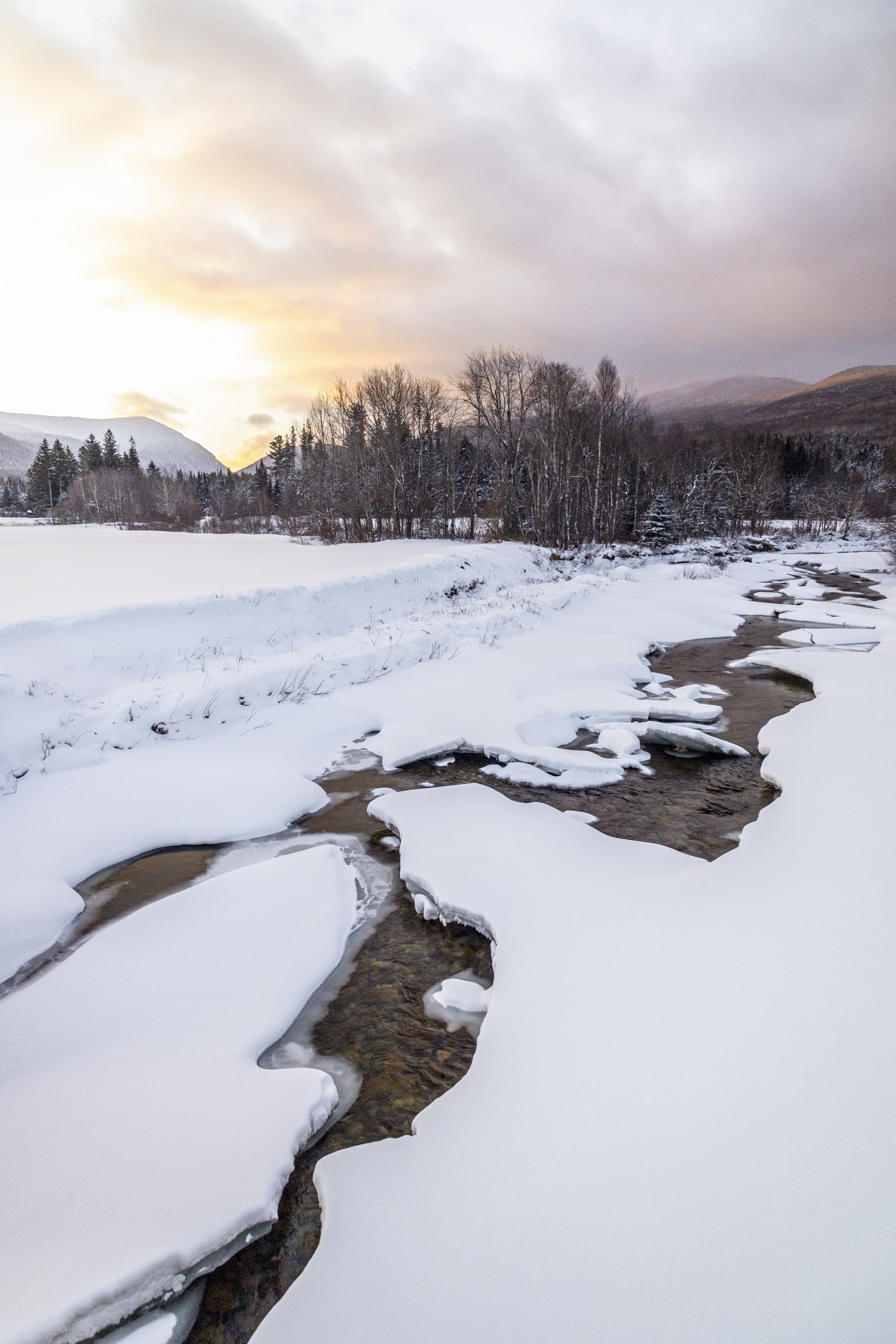 A snow-covered river along the Bretton Woods Nordic ski trails.