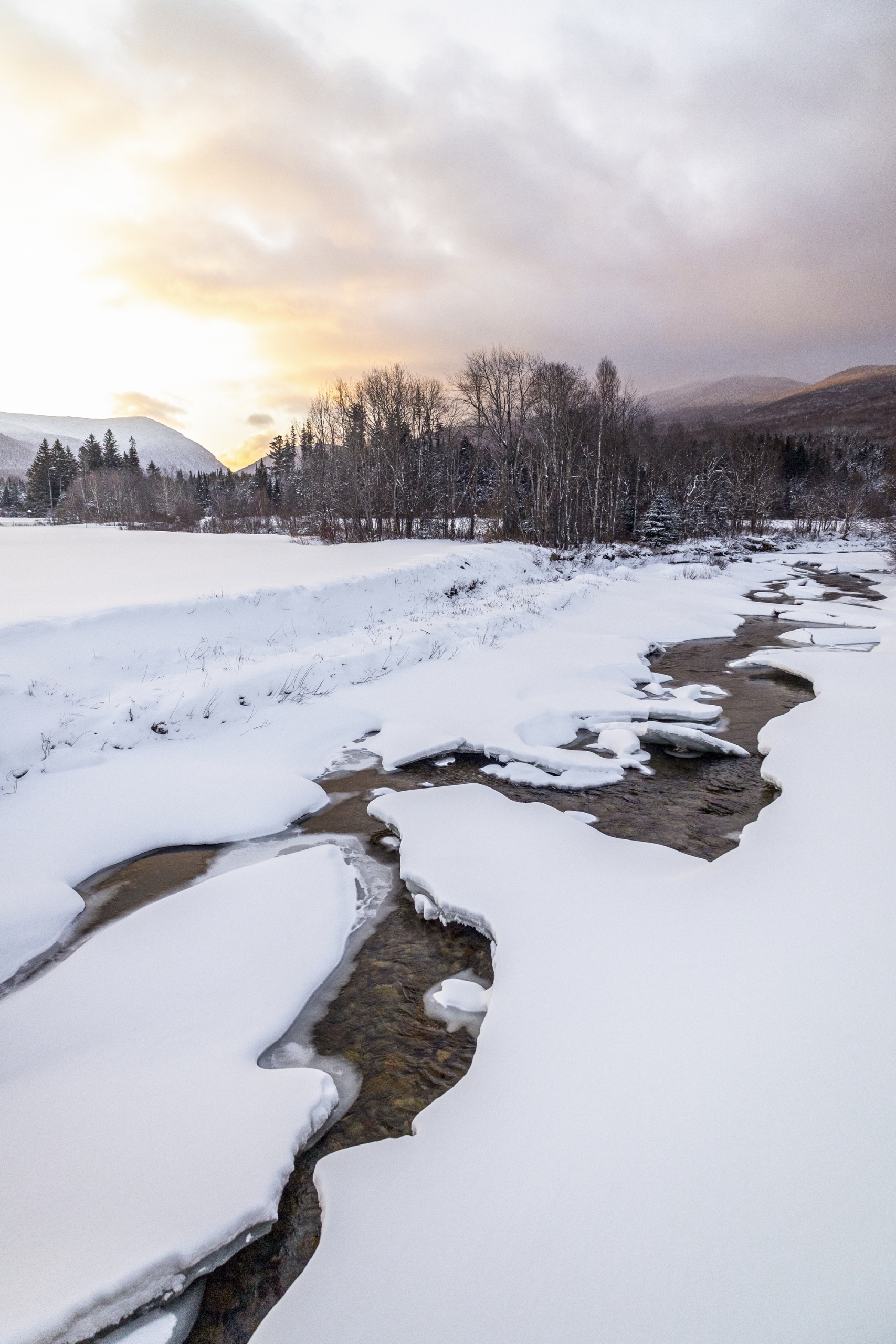 A snow-covered river along the Bretton Woods Nordic ski trails.