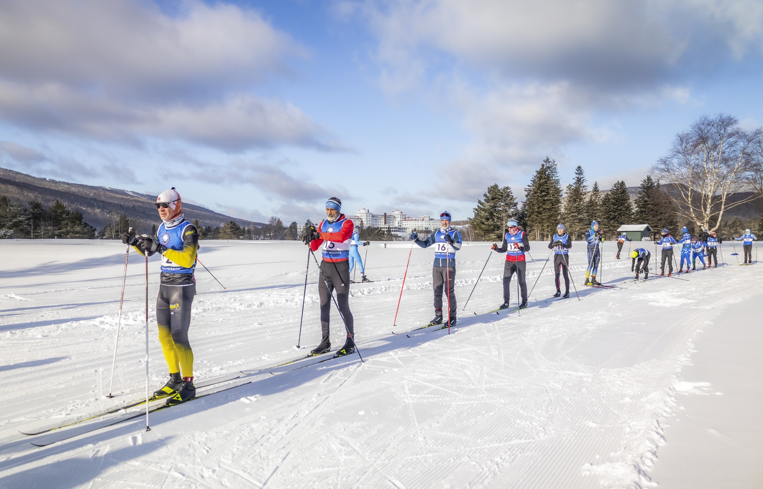 A group of Nordic skiers line up on the trail at Bretton Woods.