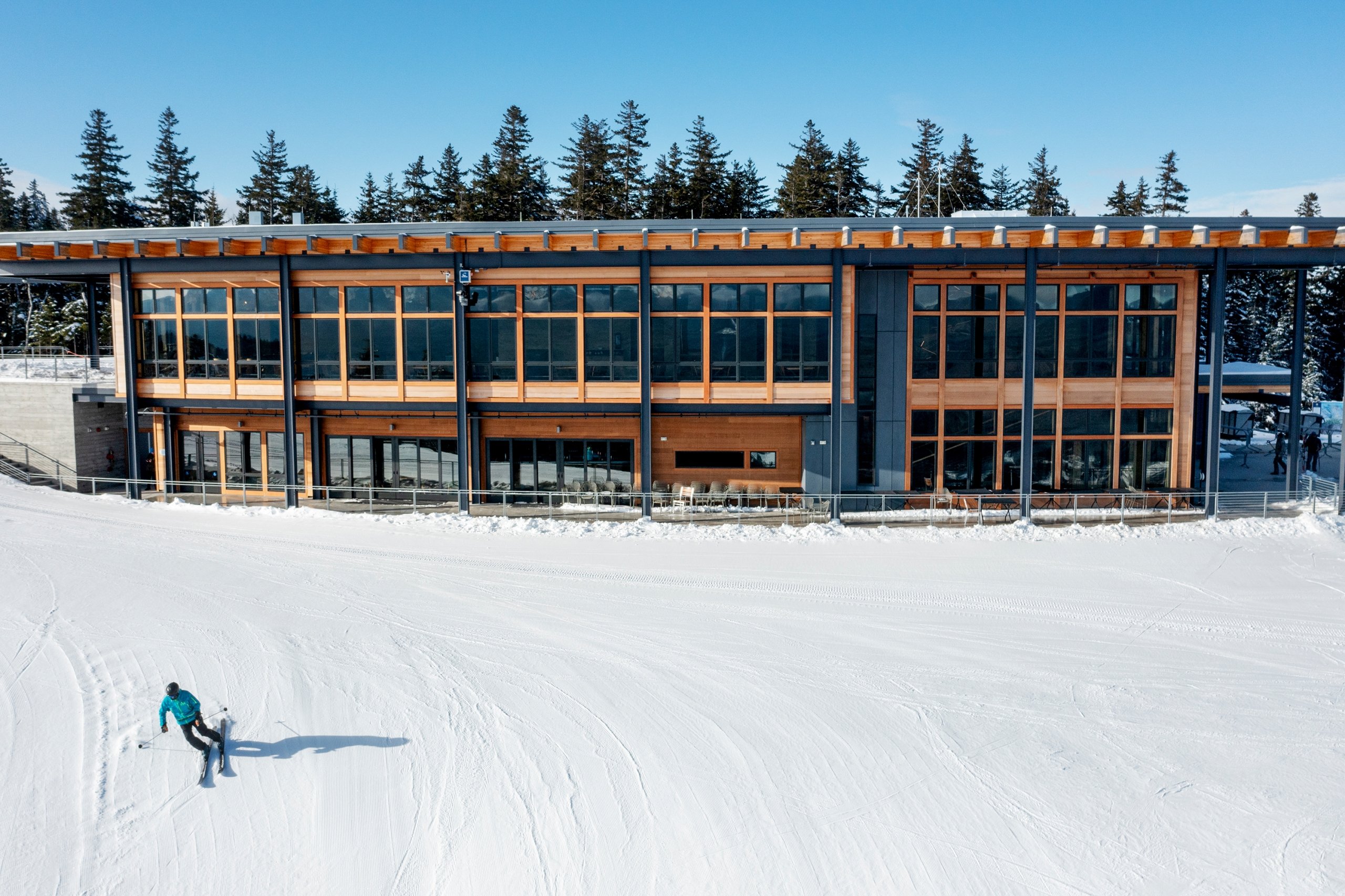 A skier glides down the hill outside the lodge at Bretton Woods.