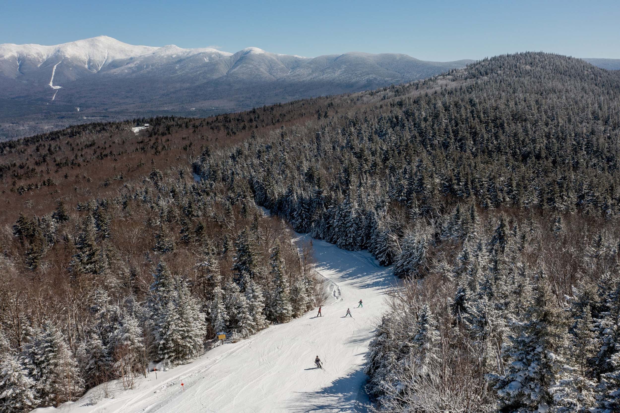 A group of skiers glide down a snowy, forest-lined trail at Bretton Woods.