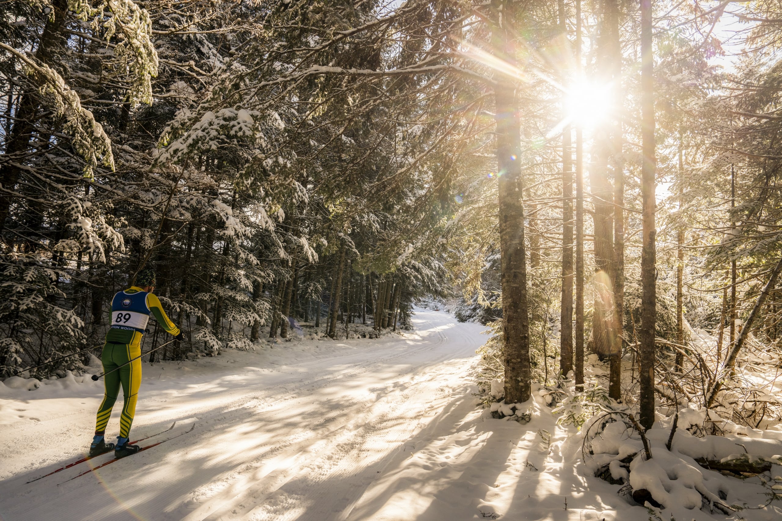 The sun peaks through the trees as a skier glides along the Nordic ski trail at Bretton Woods.