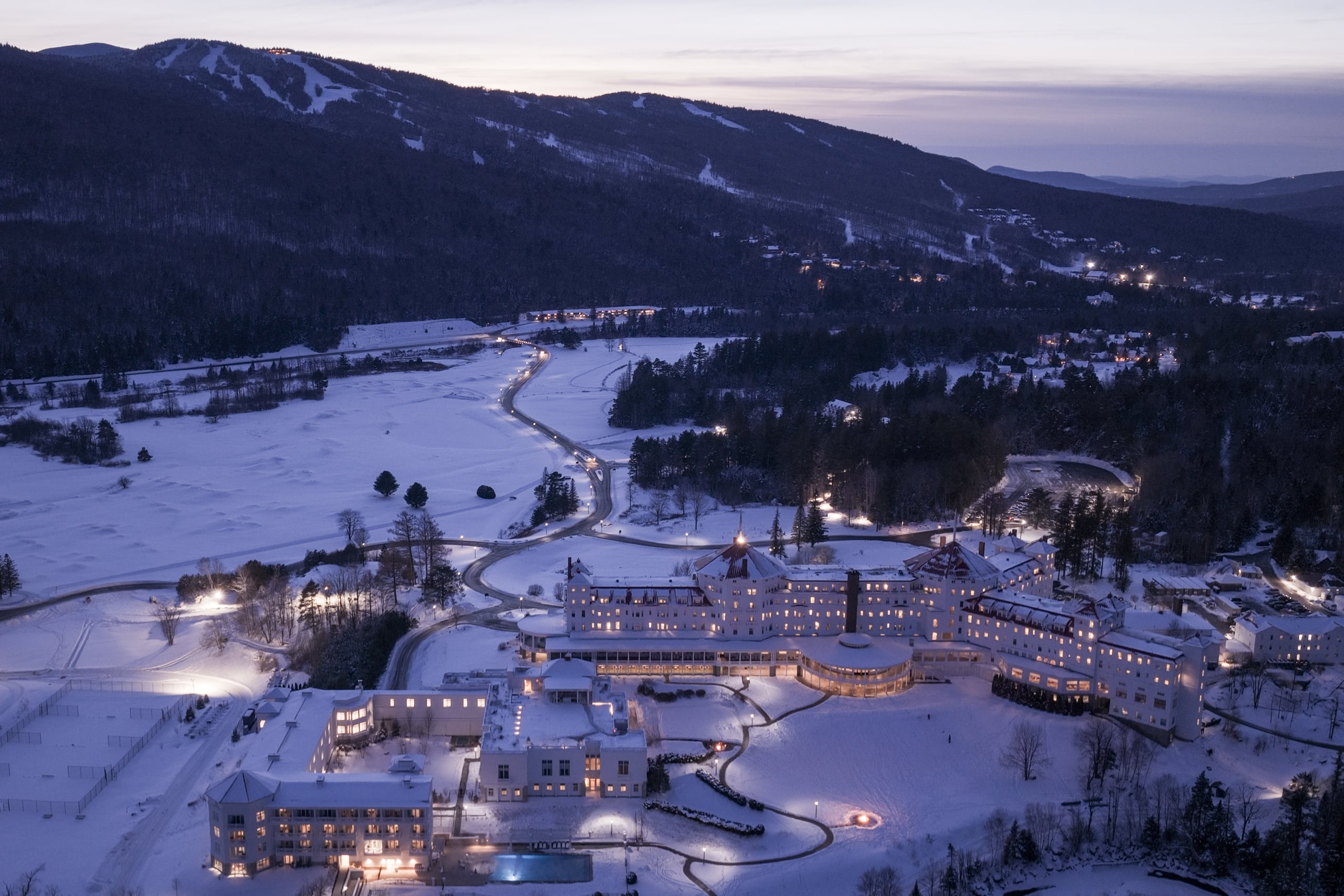 Omni Mount Washington Resort & Spa at sunset in the winter