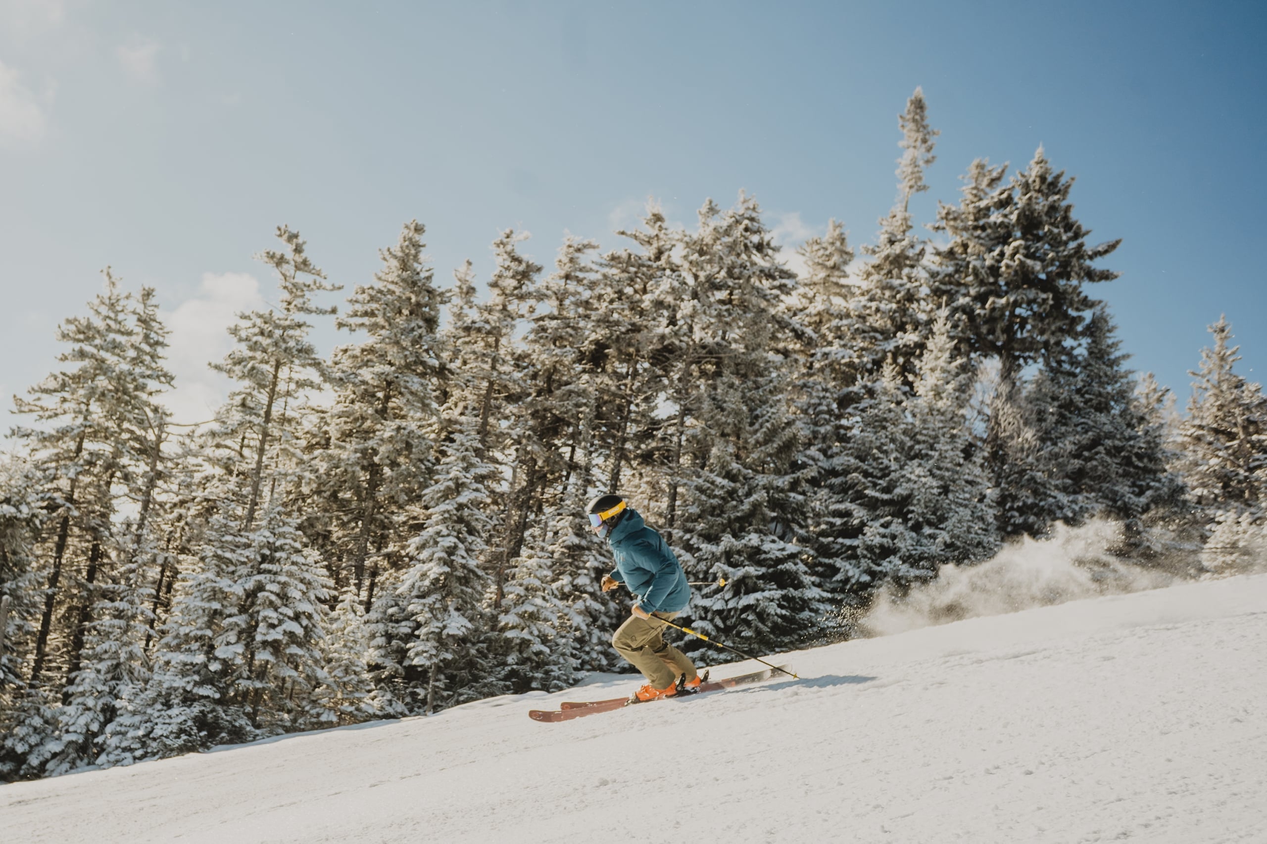 Skier getting first tracks at Bretton Woods Ski Area in New Hampshire